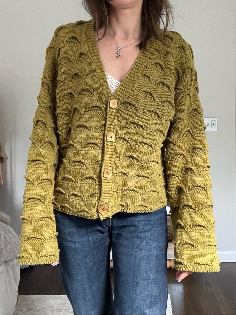 525 America Olive Green Textured V-Neck Button Cardigan Vintage USA Made